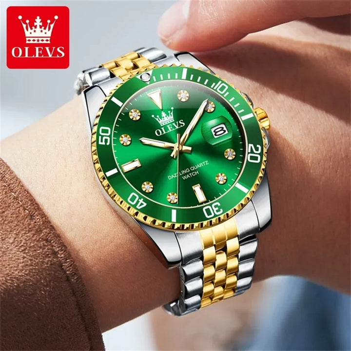 OLEVS New Original Luxury Men Watch  Green Waterproof Quartz Watch for Men Stainless Steel Strap Diamond Scale Relógio Masculino