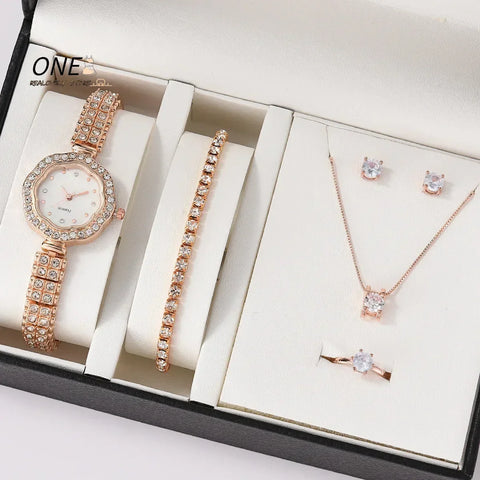 6PCS Set Women Watch Ring Necklace Earrings Rhinestone Wristwatch Female Casual Ladies Watches Bracelet Set Clock Gift (No Box)