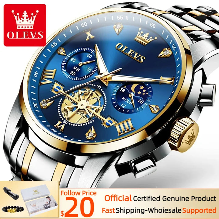 OLEVS 2856 Quartz Watch for Men Flywheel Skeleton Chronograph Moon Phase Multifunctional Stainless steel Men's Wristwatches