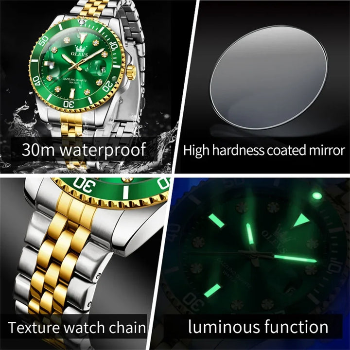 OLEVS New Original Luxury Men Watch  Green Waterproof Quartz Watch for Men Stainless Steel Strap Diamond Scale Relógio Masculino