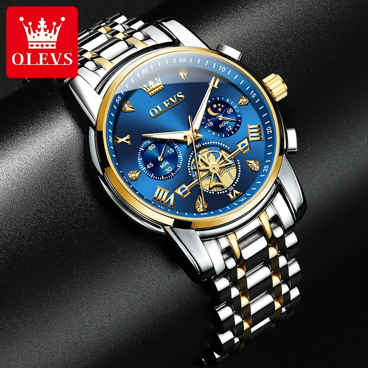 OLEVS 2856 Quartz Watch for Men Flywheel Skeleton Chronograph Moon Phase Multifunctional Stainless steel Men's Wristwatches