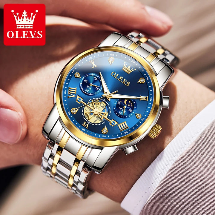 OLEVS 2856 Quartz Watch for Men Flywheel Skeleton Chronograph Moon Phase Multifunctional Stainless steel Men's Wristwatches